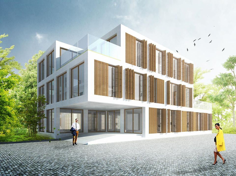 Płyty betonowe GRC MILKE na elewacji budynku - wizualizacja OVO Grąbczewscy Architekci